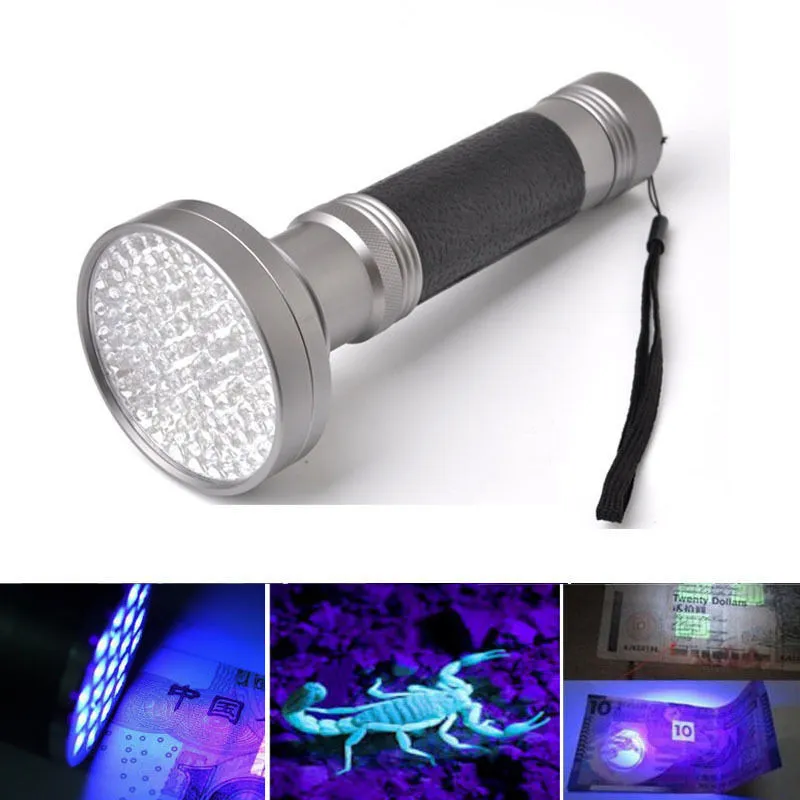 Siyah Gümüş 395-400nm 100LED UV El Feneri Blacklight Akrep Süper Parlak Algılama El Feneri Torch Taşınabilir Menekşe Işık Para Dedektörü