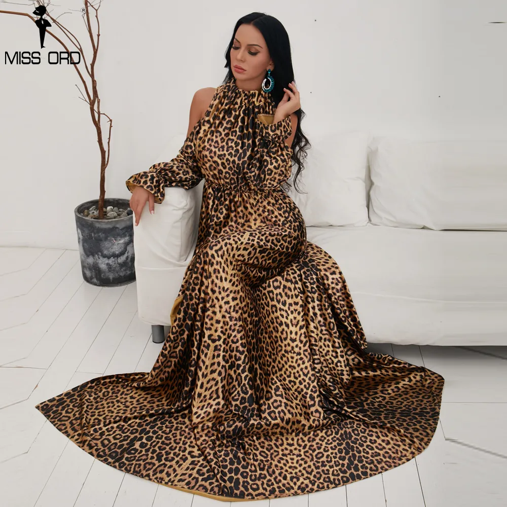 Missord 2018 sexy pescoço alto fora do ombro vestidos de manga comprida vestidos de leopardo feminino alta divisão maxi elegante vestido vestdios ft9703
