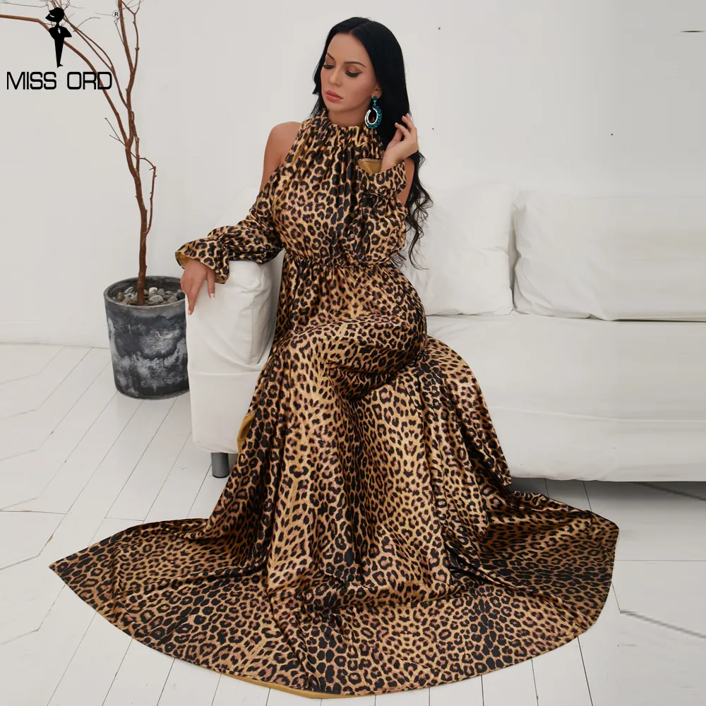 Missord 2018 Sexy High Neck Off Shoulder Long Sleeve Dresses Female Leopard Print High Split Maxi Elegant Dress Vestdios FT9703