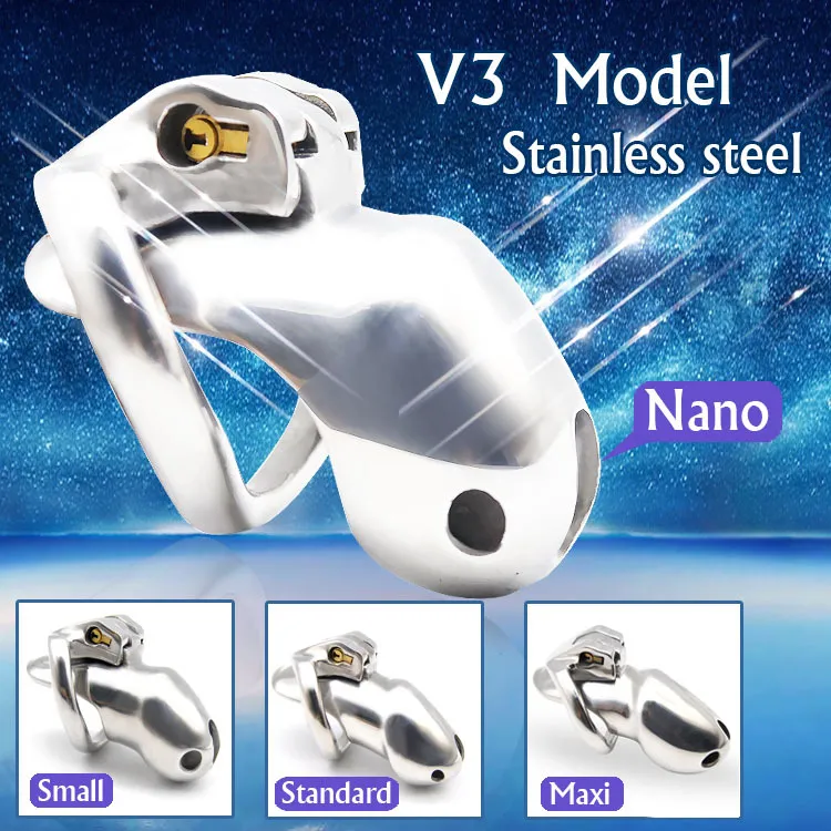 HT V3 Ze Stali Nierdzewnej Męskie Chastity Urządzenie Nano / Mały / Standard / Max Cage z 1 Penis Pierścienie Dorosłych Seksownych Zabawek