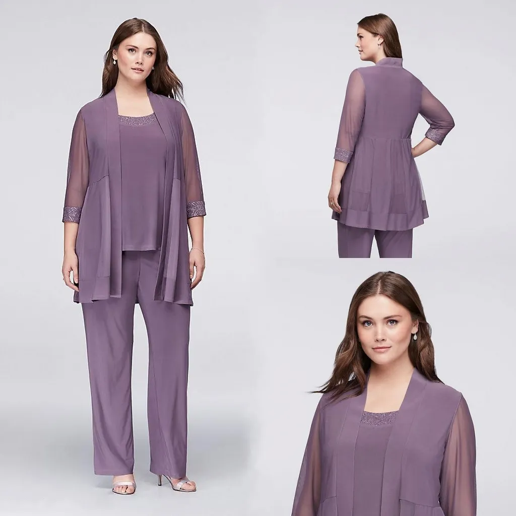 Drie Stukken Moeder Van De Bruid Broekpakken Met Jassen Pailletten Bruiloftsgast Jurken Plus Size Chiffon Moeders Bruidegom Jurken DH4014