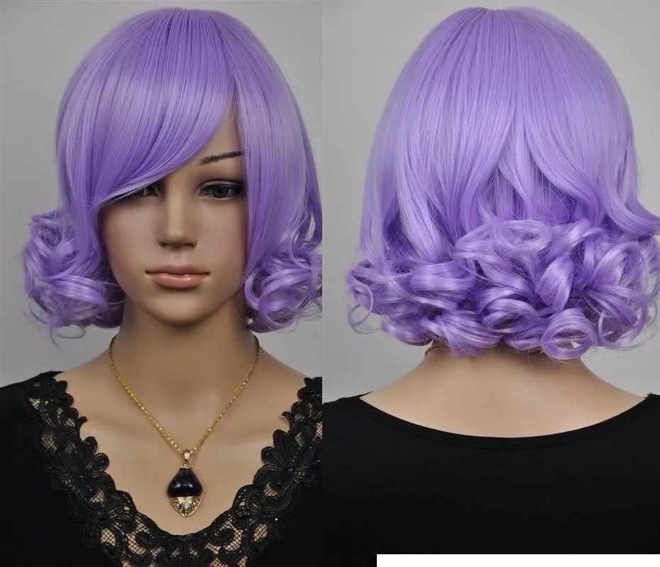 Nowe jasne fioletowe krótkie kręcone cosplay syntetyczny włosy pełna peruka