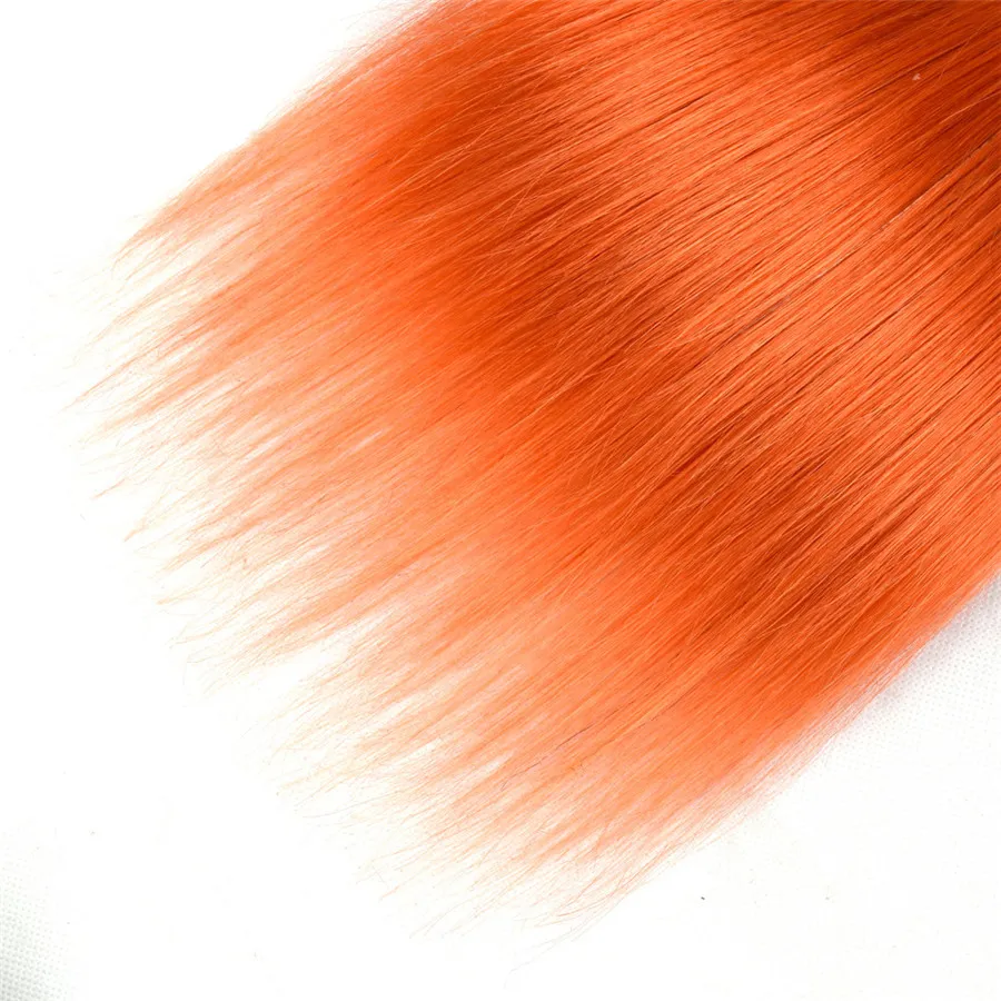 Ombre 1b 350 Orange Farbe Spitzeschliessen Mit Bundles Silk Gerade Menschliches Haar Spinnt Mit Spitze Schließung 4 Teile / los Virgin Russische Haar