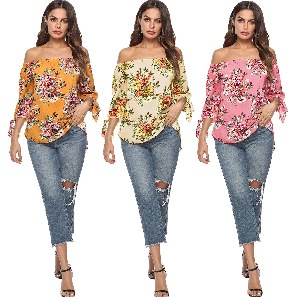 Orbita diapositiva Ocho 2018 Nuevo estilo de moda para mujer camisa con estampado de flores Blusa  Moda de mujer