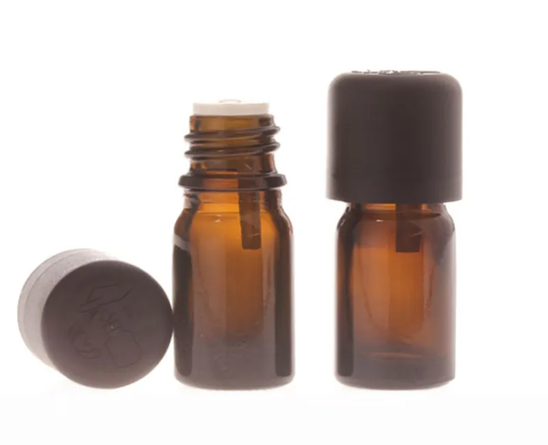 200pcs/lot 5mL essential oil bottle Amber brown glass bottle Sample vial container bottles Big cap Children PILFER PROOF CAP