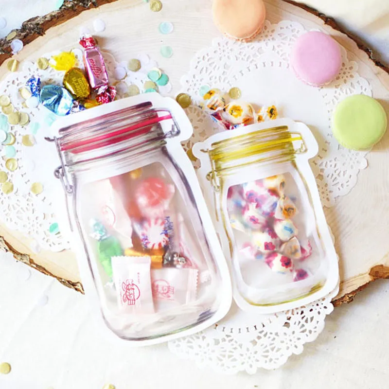 Rensa Transparent Zip Lock Mason Jar Shaped Candy Bag Party Favors Gifts Väskor Cookie Snacks Mat Förvaring Återförsäljbar Plastlåda