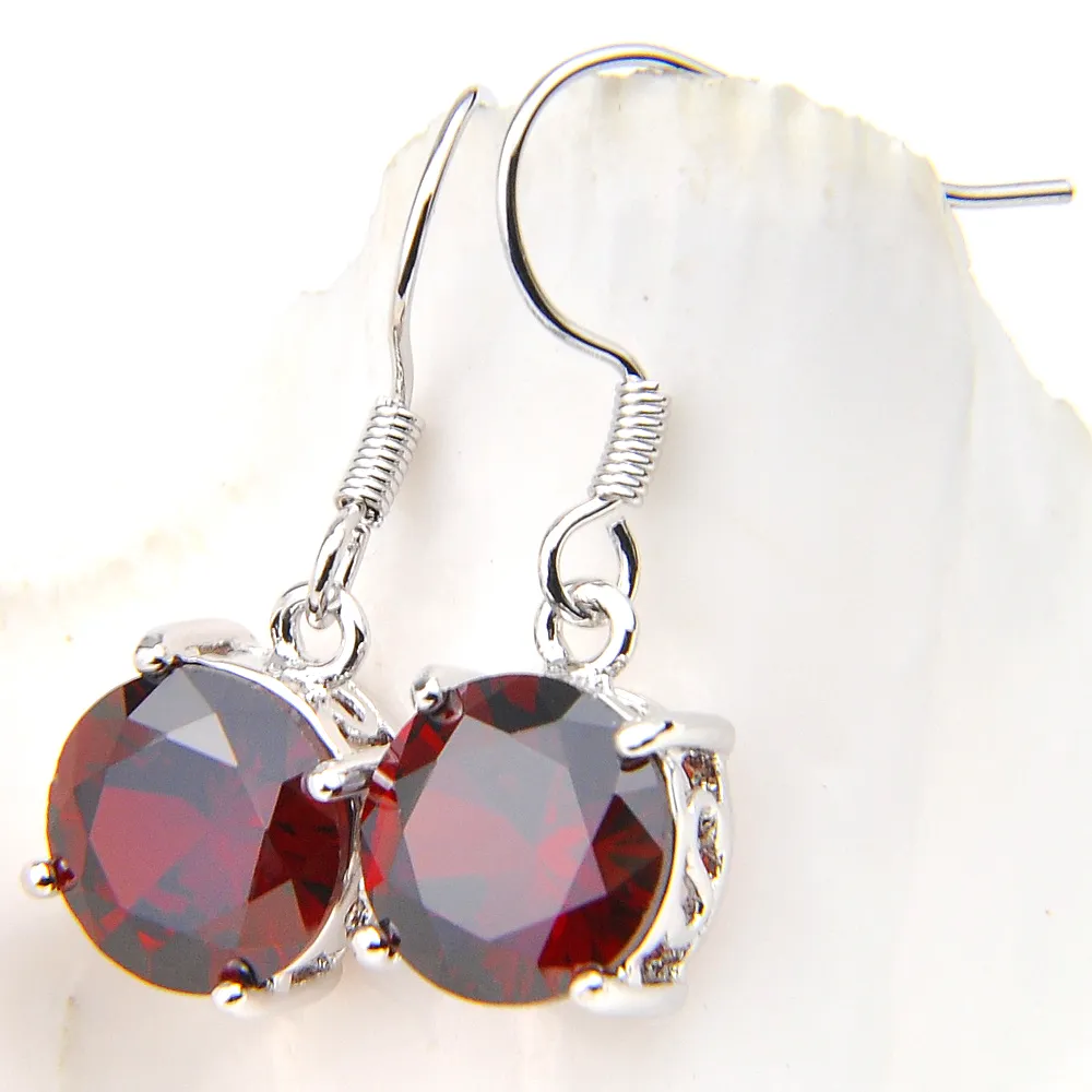 LuckyShine clássico Dazzling fogo vermelho redondo Garnet Brincos de prata Dangle Brincos para Mulheres Cubic Holiday Party Zirconia Jewelry gratuito shippi