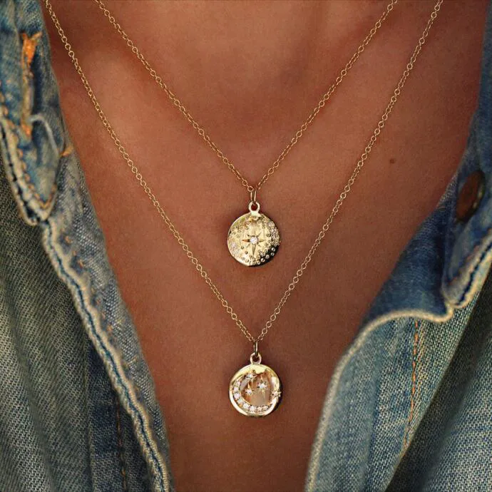 Collar de monedas de oro a la moda, collares con colgantes rellenos de oro clásicos grabados con estrella de luna chapada en discoteca para mujer