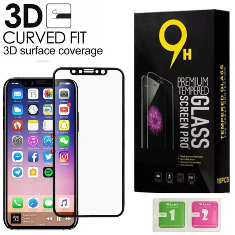 Protecteur d'écran en verre trempé en fibre de carbone à bord souple incurvé 3D pour iPhone XS MAX / XS / XR / X Verre trempé en fibre de carbone avec boîte de vente au détail