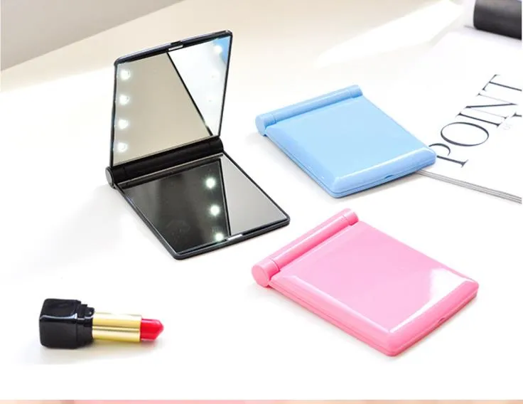 Lady Makeup Kosmetisk Folding Portable Mini Compact Pocket Spegel 8 LED Lampor Lampor Speglar Hot Selling Gifts Sn1026