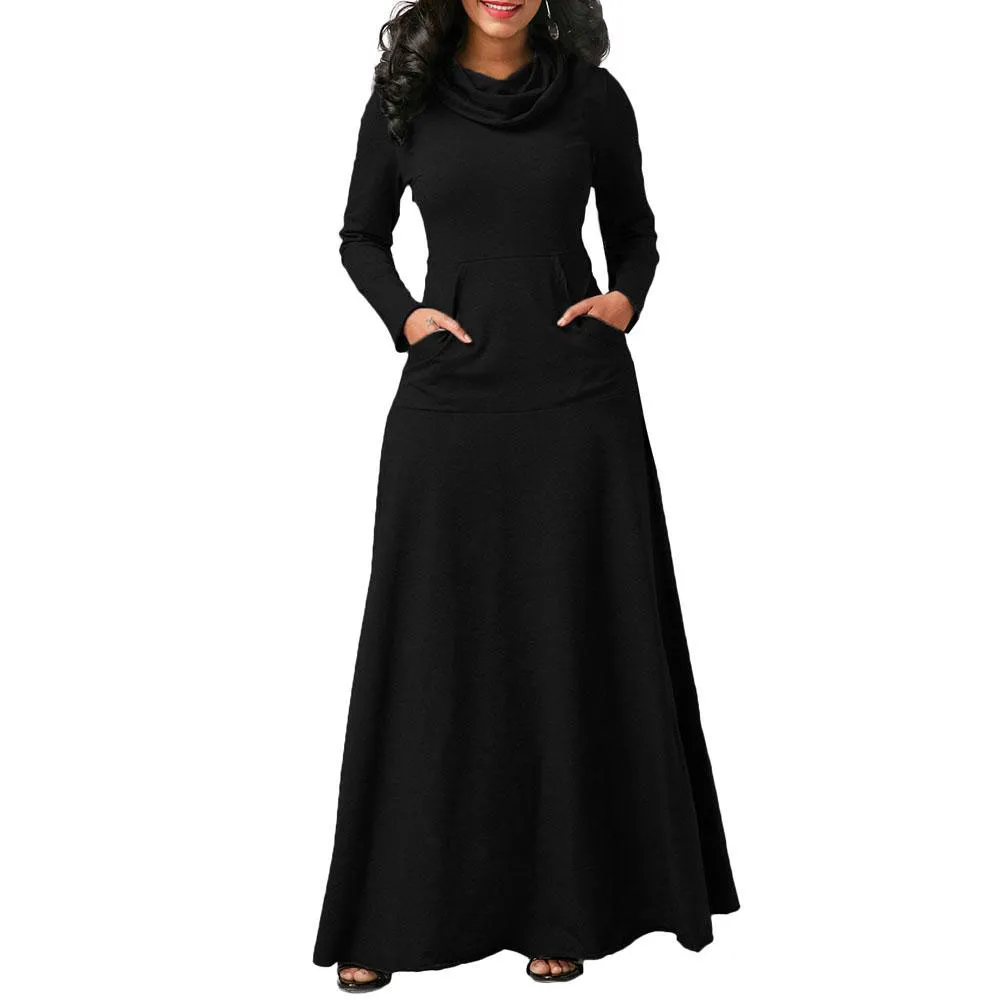 المرأة عارضة الطربوش العنق ألف خط الجيب فستان طويل ماكسي السيدات فساتين بأكمام طويلة