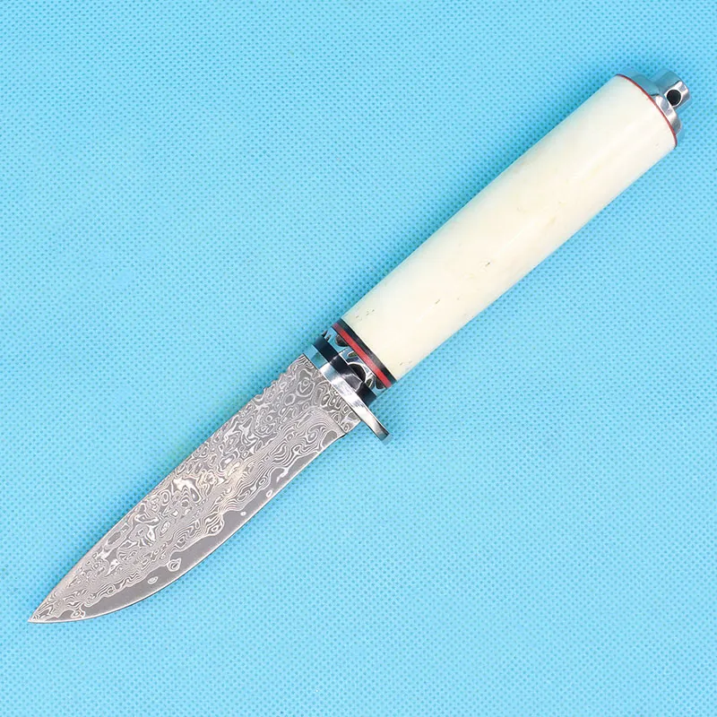 High End Dumbascust Hunting нож Damascus стальной лезвие костяная ручка с фиксированным лезвием нож с кожаной оболочкой