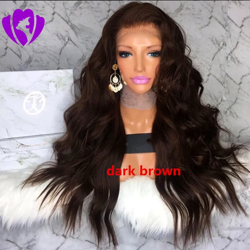 Middle Part Black Body Wave Syntetisk peruk Gluvlös värmebeständig fiber 180densitet spets fram syntetisk peruk med naturlig hårlinje för kvinna