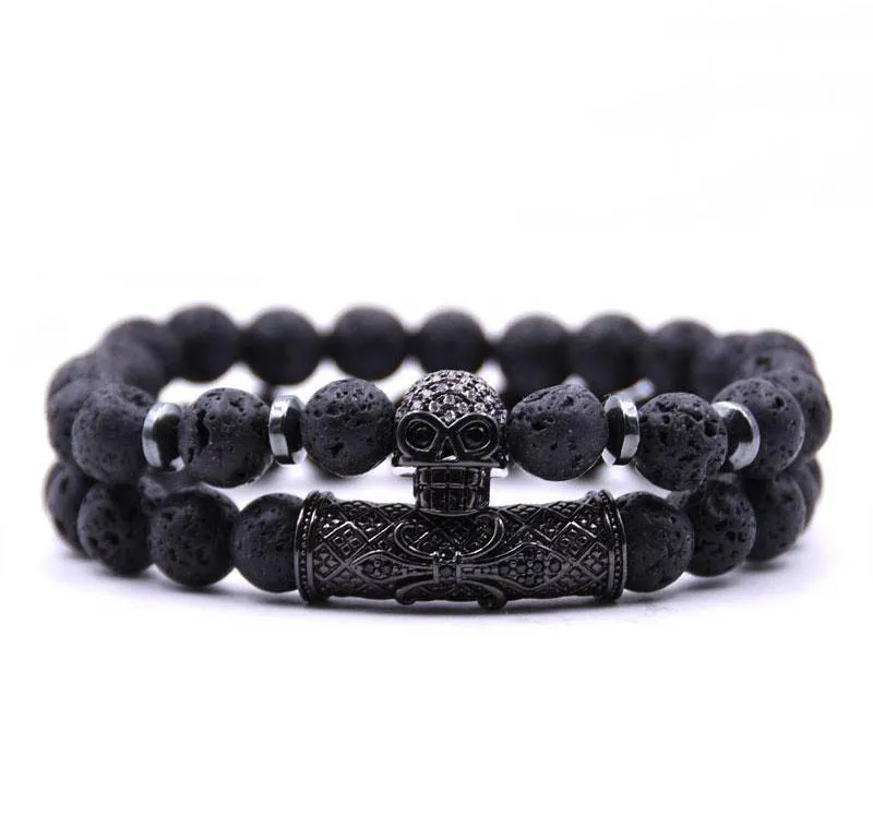 Heißer verkauf 2 teile/satz Schwarz farbe schädel Kopf Lava Türkisen Verkrustete Naturstein Perlen Männer Armband Schmuck-Set Charme armreifen