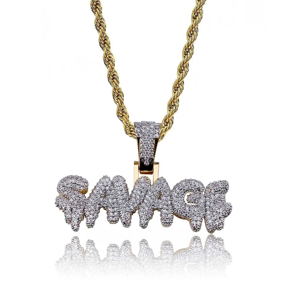 Collana con pendente a lettere SAVAGE da uomo ghiacciata color oro placcato con micro pavé di gioielli hip-hop in zirconi cubici