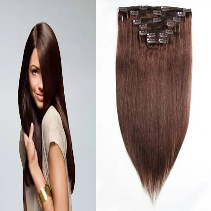 10inch-24inch Machine Made Straight Clips In Brazilian Human Hair Extensions Clip In Extensions 7Pcs/Set 100 Gram #4 Dark Brown