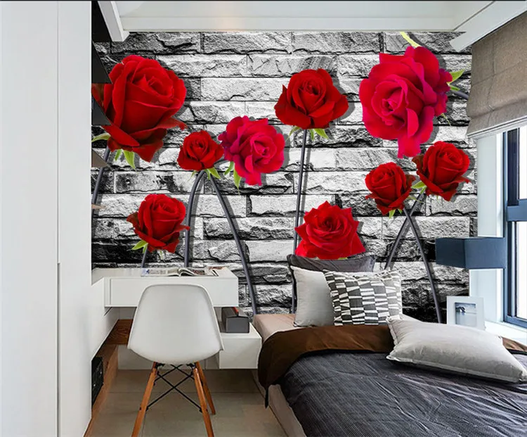 Custom Wall Mural Photo 3D Stereoscopic Embossed Non-woven Wallpaper Red Rose Brick Wall Papers Home Decor Living Room Bedroom