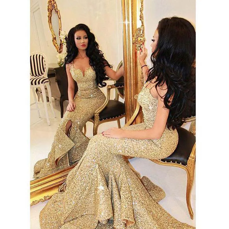 New Designer Mermaid Prom Dresses Bling 2019 Gold Sequins Spaghetti Open Back Ruffles Sweep Train Evening Gowns Pageant Dress Formal Prom