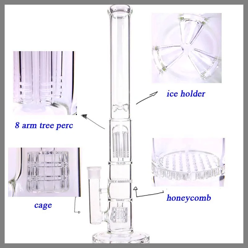 18.8" Bongs Hookah 8 Arms Tree Perc Honeycomb Cage Percolator 5mm Thickness Water Pipe with 18mm bowl