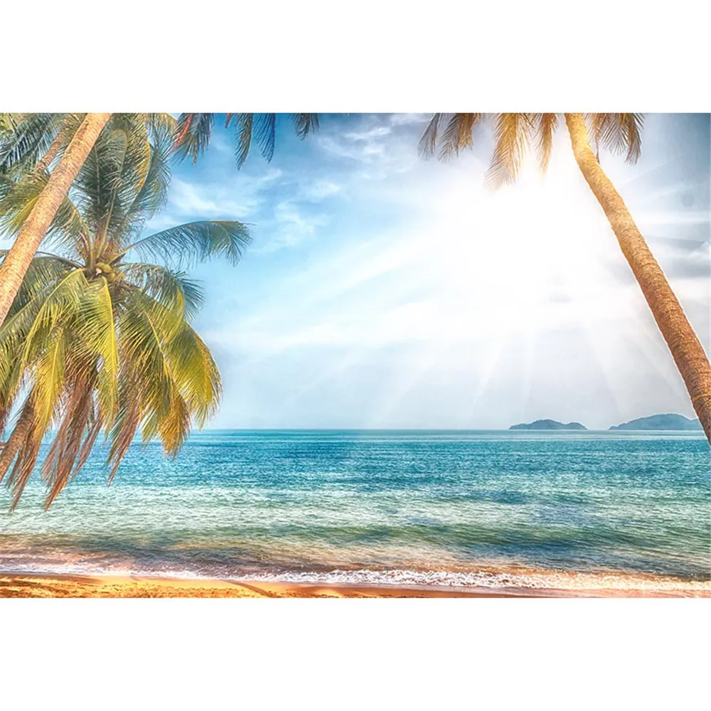 Tropical Beach Backdrop Photography Palm Trees Dreamlike Sunshine Blue Sky Summer Holiday Seaside Wedding Party Photo Booth Background