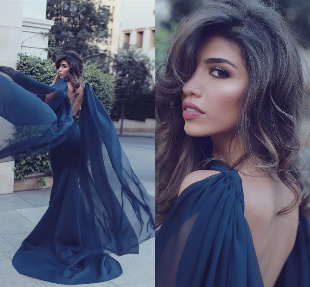 Abiti da ballo a sirena blu navy di nuovo arrivo con strascico Watteau senza schienale lunghezza pavimento in chiffon abiti da sera convenzionali abiti da festa personalizzati