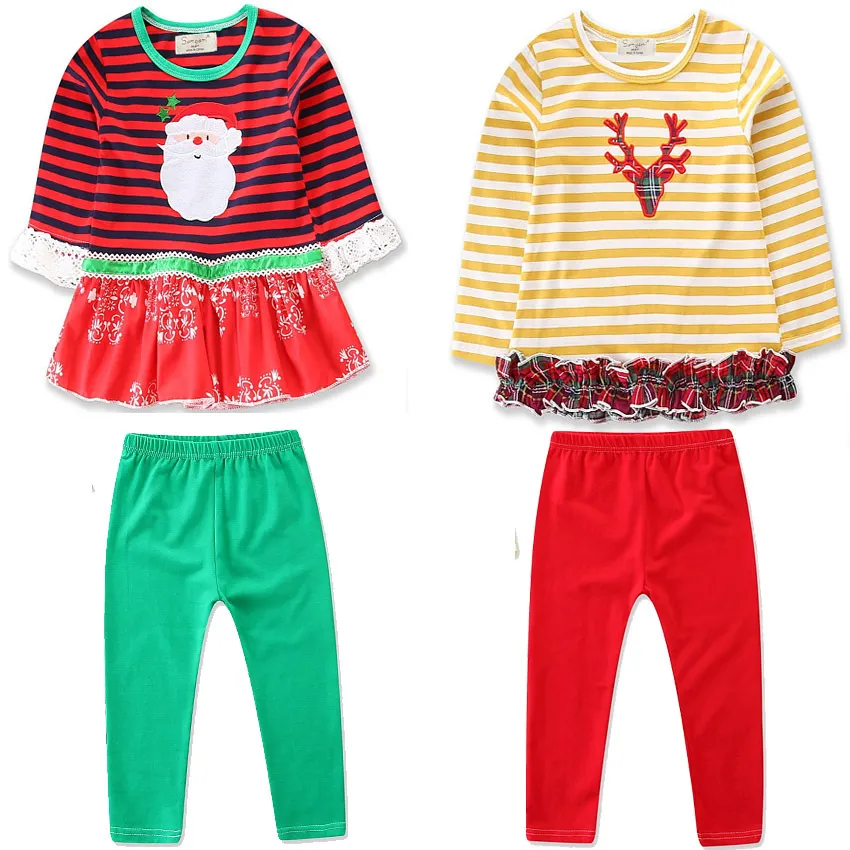 Boże Narodzenie Baby Girls Stroje Ins Dzieci Elk Santa Claus Stripe Dress Top + Spodnie 2 sztuk / zestaw 2018 Jesień Boutique Kids Deer Odzież Odzież Ustawia C4846