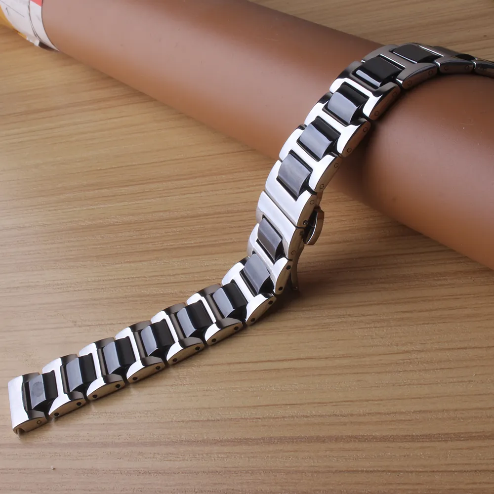 أسود السيراميك الفولاذ المقاوم للصدأ watchbands الفضة سوار أسود مستقيم النهاية مع فراشة دفع زر قفل 14MM 16MM 18MM 20MM 22M للبيع