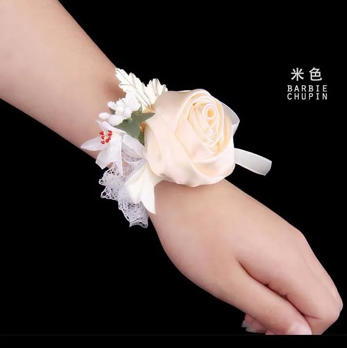 Billiga Bridesmaid Girl Wrist Corsage Rose Flower Organza Pärlor Blomma Hand Blommor Armband Corsage Bröllop Tillbehör Partihandel Brudblommor