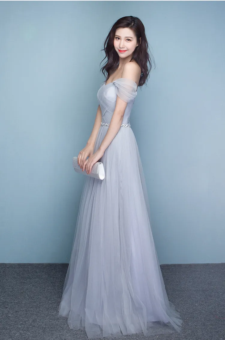 Off-Shoulder Silver Grey Grey Bridesmaid Dresses Long with Shining Sash - Floor Length Wedding Party Dress for Plus Size Women - Customizable