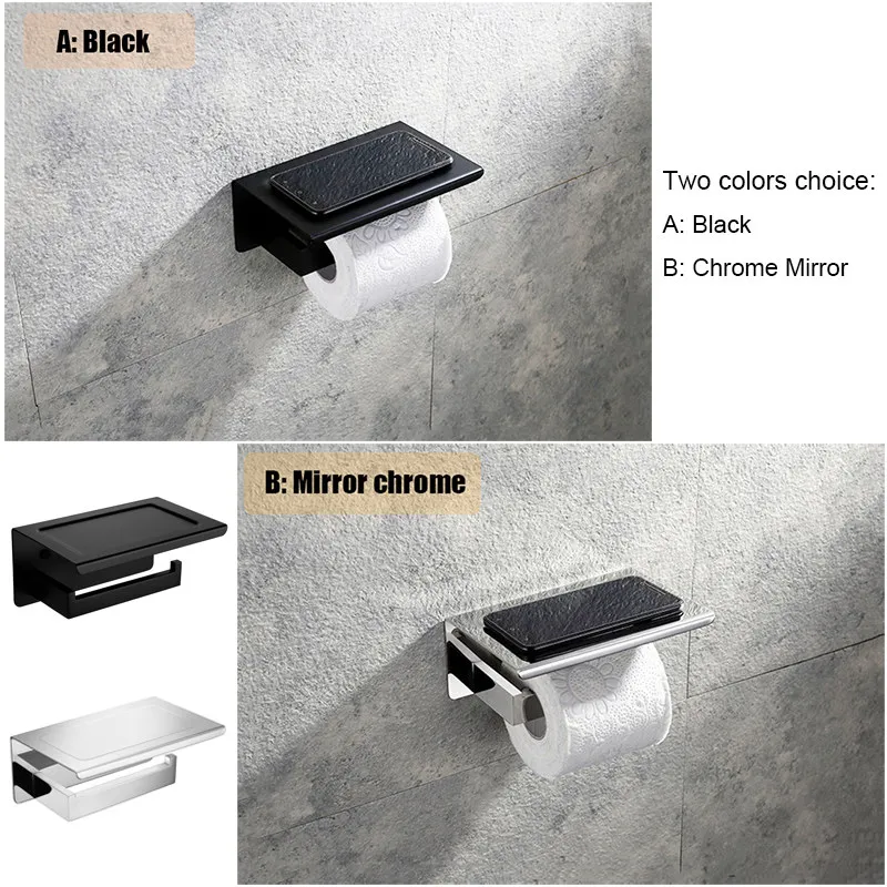 Espelho preto escolha cromo titular papel higiênico top plataforma colocar telefone banheiro de aço inoxidável wall mounted suporte de rolo de papel