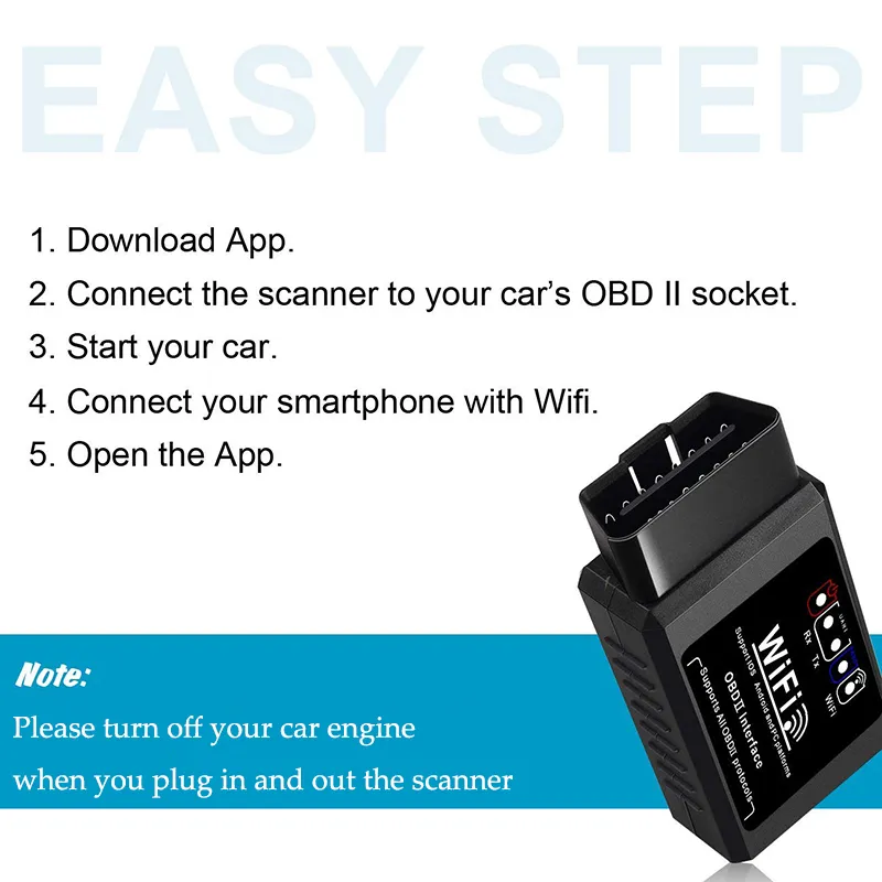 Elm327 OBD2 WiFi Scanner Bil Diagnostik Kod Reader Tool OBD II Interface v1.5 Adaptermotor Checker för Android / IOS / Windows