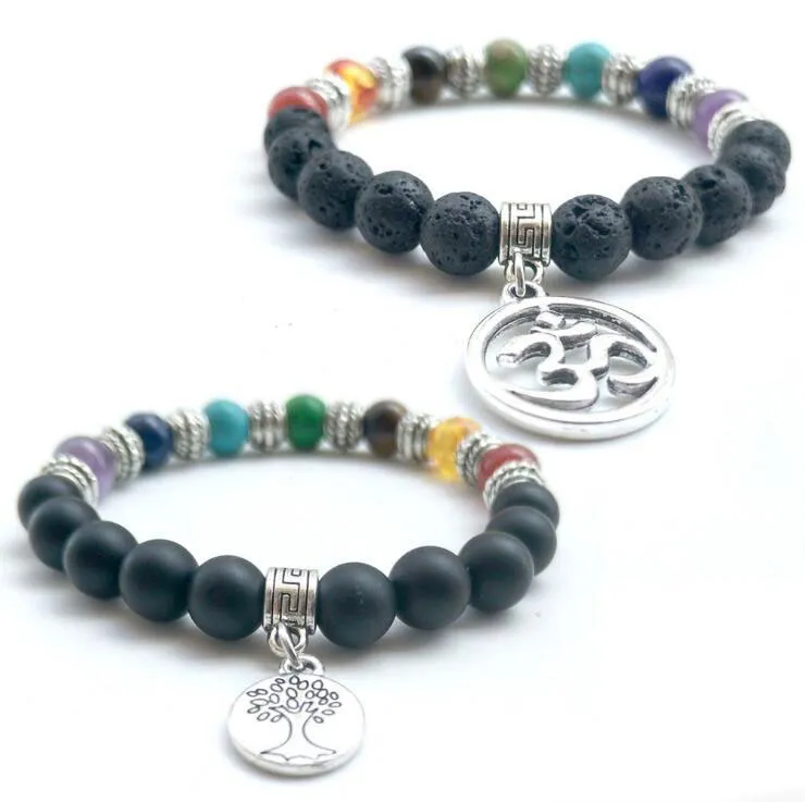 Tree Of Life OM Pendant Bracelet With Natural Black Agate Stone Charm ...