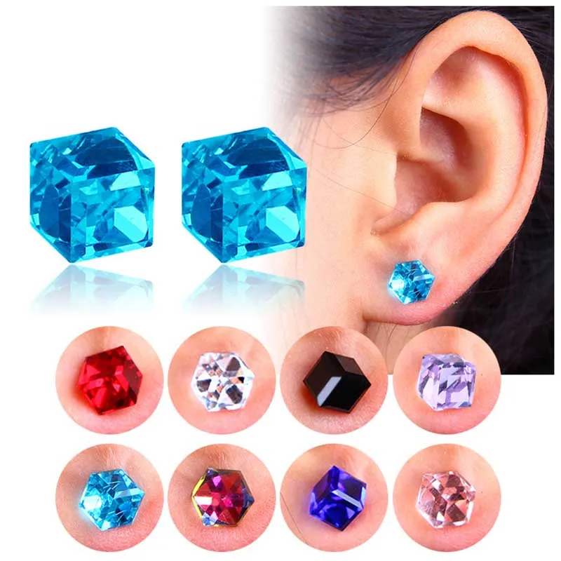 Boucles d'oreilles magnétiques en cristal Stud Water Cube Santé aimant coloré en cristal coloré Crystal non-boucles d'oreilles pour femmes bijoux de mode