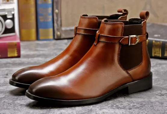 Men s Leather Ankle Boots Slip On Casual Boots with Belt Buckle Vintage Style Genuine Leather EU 37 46