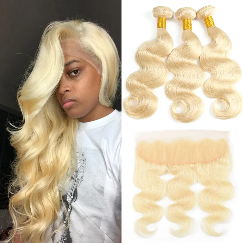 Onda do corpo brasileiro 613 loira de orelha a orelha 13x4 fechamento frontal de renda completa com 3 pacotes de cabelo humano virgem real loira tece exten2829805