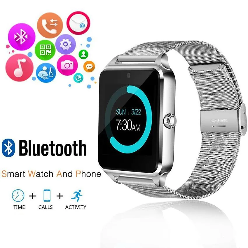 IOS Android için Z60 Paslanmaz Çelik Bluetooth Smart İzle Telefon GT09 Destek SIM TF Kart Kamera Spor Tracker Smartwatch