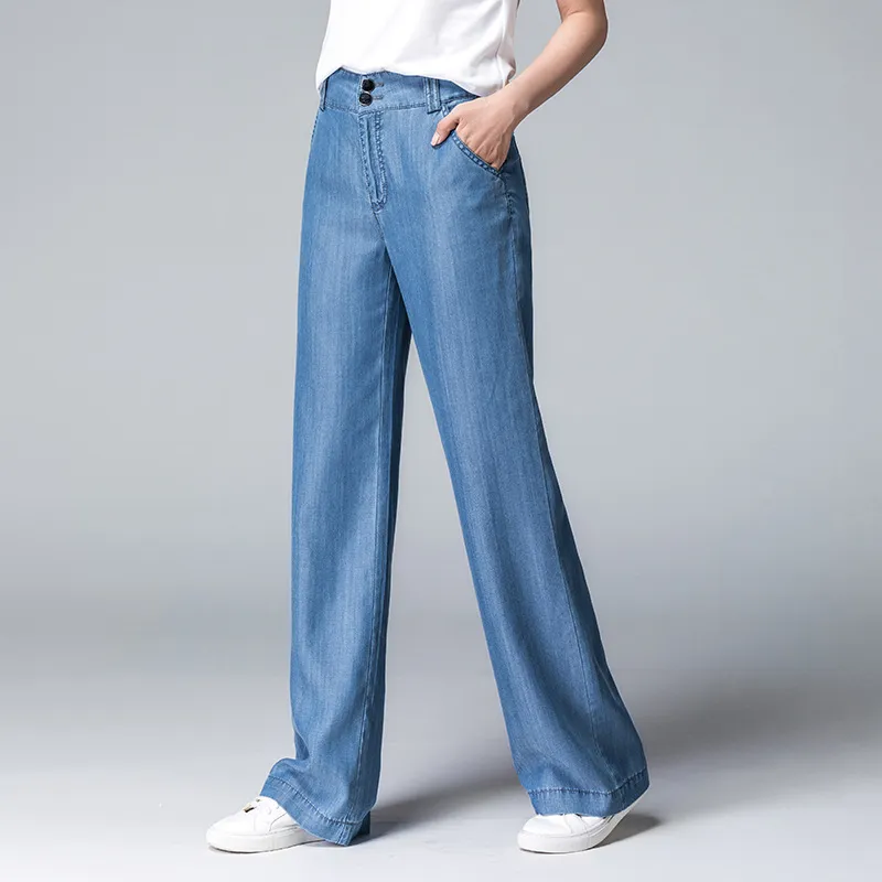 ACRMRAC femmes jean nouveau automne bleu blanchi Slim taille haute ample loisirs large jambe pantalon pleine longueur Lyocell jean femmes