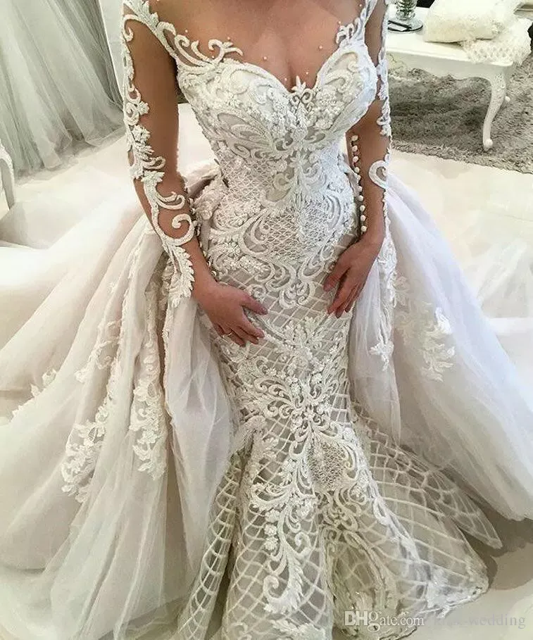 Splendidi abiti da sposa a sirena in pizzo con strascico staccabile, scollo gioiello, abito da sposa, applicazioni, abito da sposa country a maniche lunghe, taglie forti