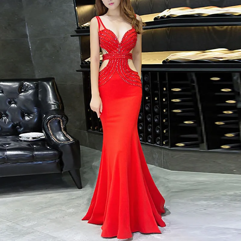 Red Crystal Spaghetti Strap Long Aftonklänning 2018 Backless V-Neck Mermaid Prom Formal Dresses Celebrity Party Gowns Vestidos de Fiesta
