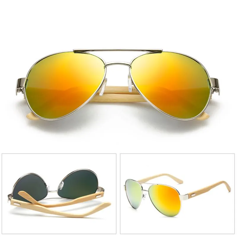 Cool Pilot Sunglasses Bamboo Temples Metal Frame Mercury Lenses UV400 LOGO Engraved Service OEM Wholesale