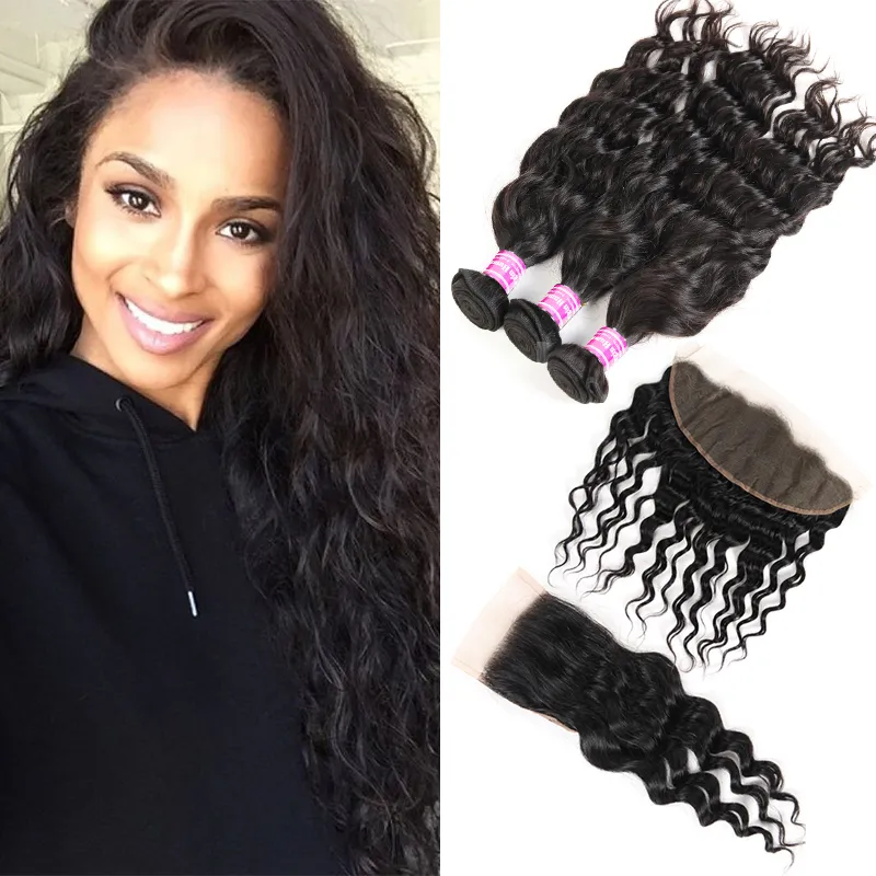 Råa brasilianska Virgin Hårförsäljare Vattenvåg 3 ​​Bundlar med spetslås Frontal Human Hair Extensions Wefts Indian Peruvian Weave Bundles