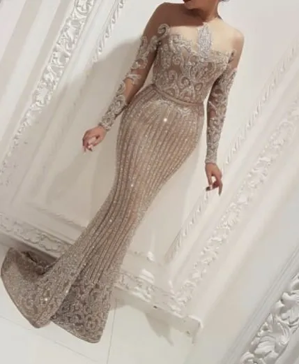 2018 Yousef Aljasmi Evening Dresses Illusion Long Sleeve Mermaid Prom Dress Party Wear Sweep Train Luxury Formal Gowns Plus Size Vestido