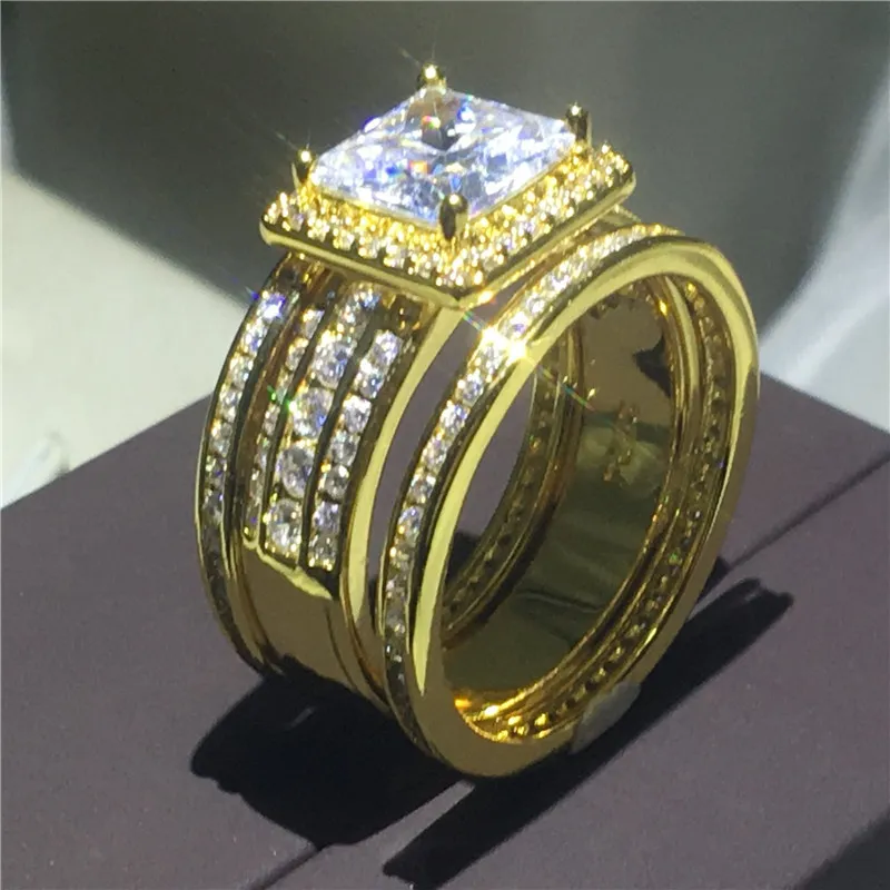 Vecalon Princesa corte 3 en 1 conjunto de anillos Oro amarillo relleno 925 Plata 5A Zircon Cz Compromiso anillos de boda para mujeres Hombres Regalo5342648