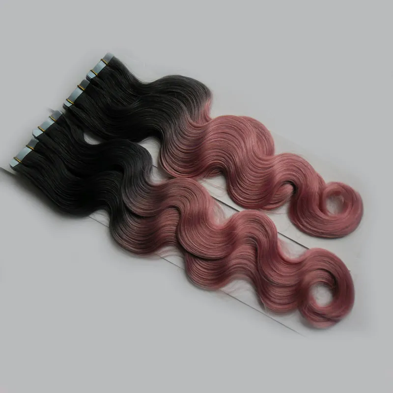 T1B/Rosa Farbe Klebeband in Echthaarverlängerungen, maschinell hergestellt, brasilianisches gewelltes Haar, 200 g, 80 Stück, Ombre-Hautschuss-Haarverlängerungen