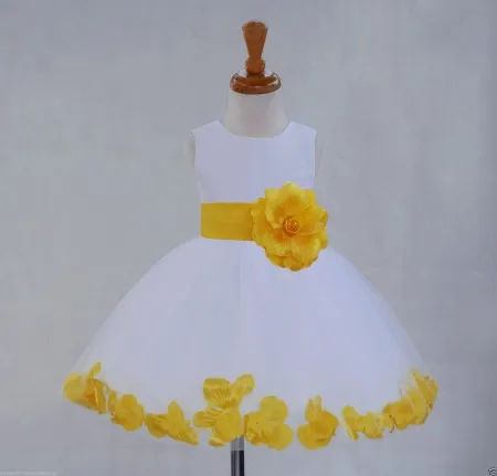 Vestido de menina de flor rústica Marinha / fúcsia / amarelo pétalas concurso vestido com flor artesanal