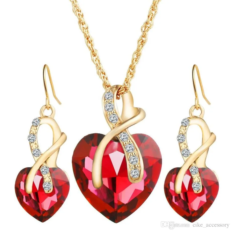 Eerring Necklace Jewelry Sets 4 Color Heart Crystal Pendant Alloy Accessory Gold plated Metal Chain for Women Wedding Party Gift