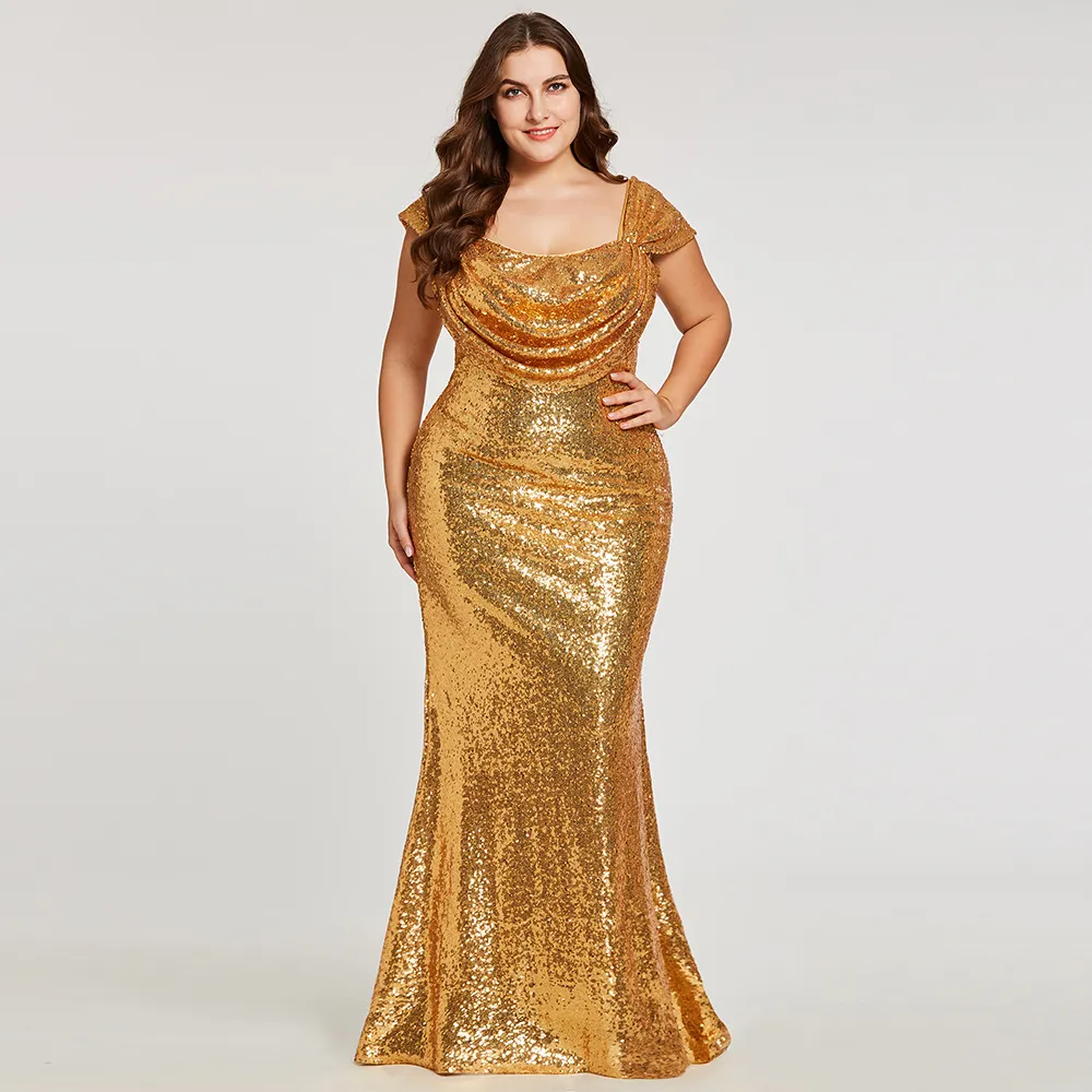 Abiti da sera a sirena con paillettes dorati scintillanti plus size festa di ballo con cerniera e maniche ad aletta Indossa abiti da sera con paillettes abito formale