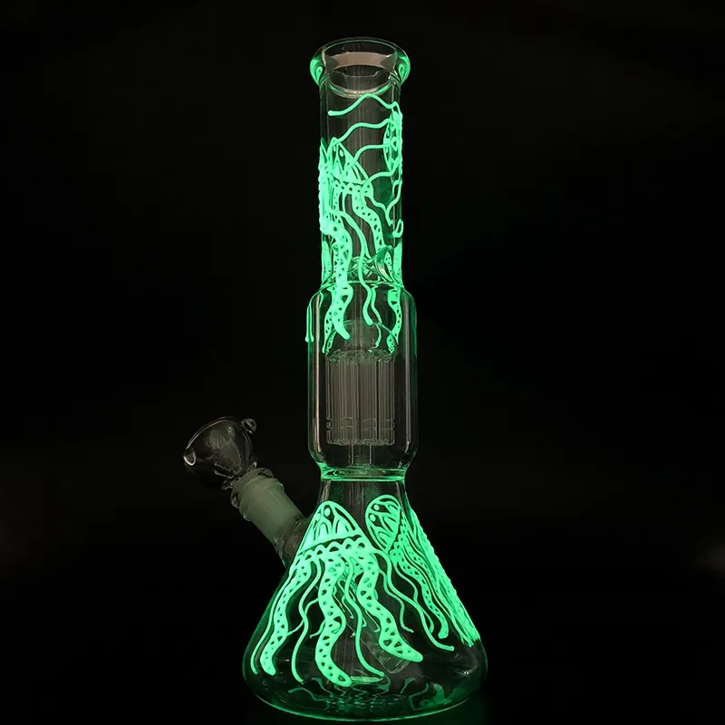 Glöd i mörkret Bong Jellyfish Pattern BEAKER BONGS TREE PERCOLATOR Bubbler Rör glasolja Rigar Heady Water Pipes DAB Rig GID05