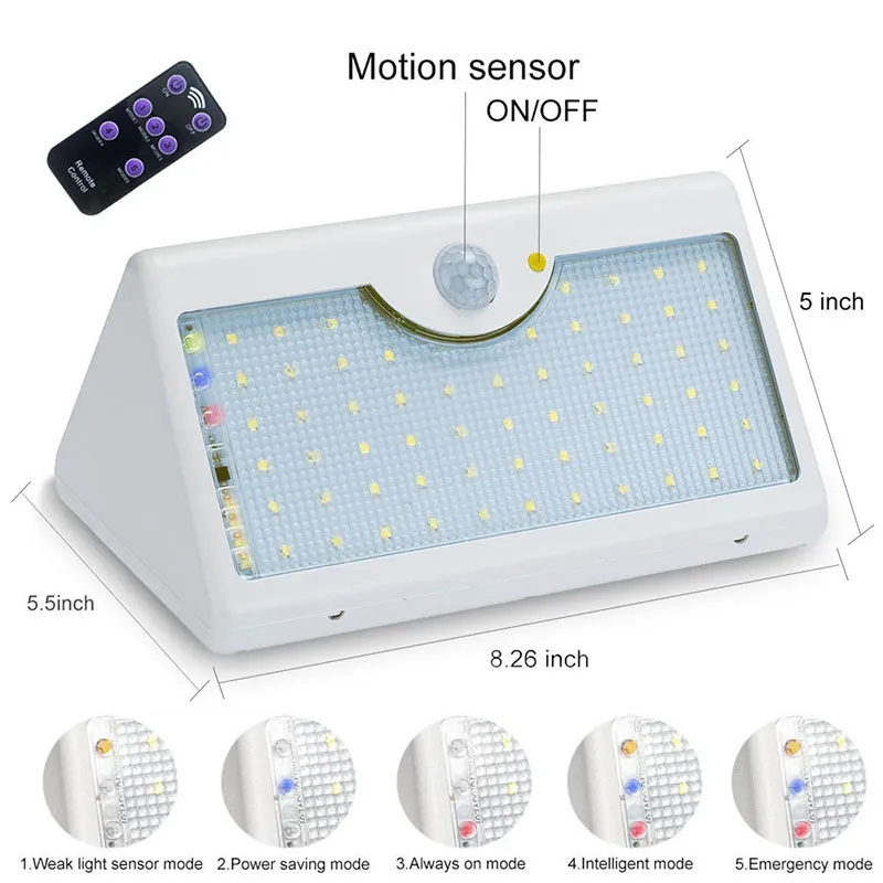 Solar Lamp 60LED 1300lm Super Bright Motion Sensor Rechargeable 5 Modes all in One with Remote Control
