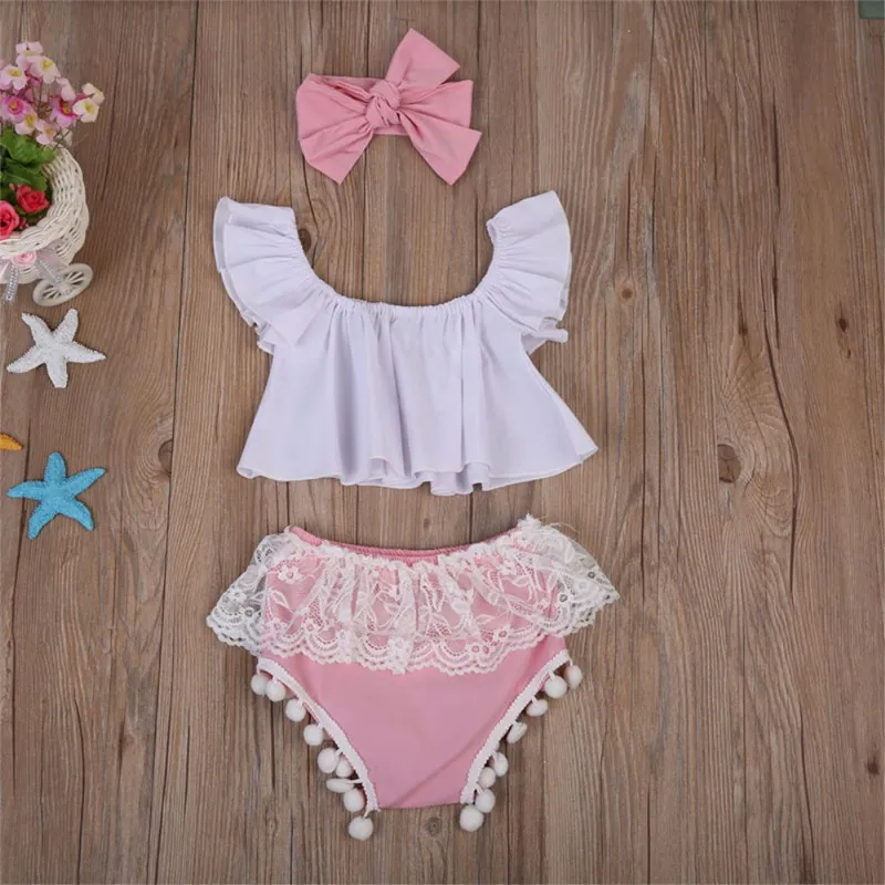 Neugeborenes Baby Mädchen Kleidung Sommer Säuglingskleidung Rüschen Tops + Spitze Quaste Shorts Unterteile + Stirnband 3-teiliges Baumwoll-Kind-Kleinkind-Mädchen-Outfit-Set